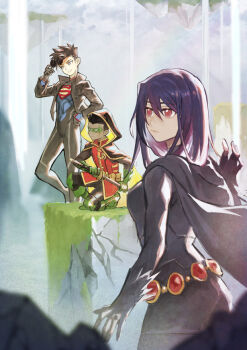 1girl 2boys arm_guards belt belt_pouch black_gloves black_hair black_jacket black_sleeves boots breasts cape closed_mouth colored_inner_hair conner_kent dc_comics domino_mask eye_mask floating_island fur-trimmed_gloves fur_trim gloves green_footwear hair_between_eyes hand_on_own_hip hand_up holding holding_removed_eyewear holding_sword holding_weapon hood hood_down hood_up ivy60530 jacket katana kneeling mask medium_breasts multicolored_hair multiple_boys pillar pouch purple_hair raven_(dc) red_eyes red_shirt robin_(dc) shirt smile spandex sunglasses superboy superhero_costume superman_logo sword unworn_eyewear utility_belt water waterfall weapon