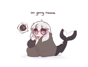 1girl @_@ artist_self-insert blanket cetacean_tail chibi chonkyorca commentary english_text fins fish_tail grey_hair highres long_hair long_sleeves looking_at_viewer orca_(chonkyorca) original puffy_long_sleeves puffy_sleeves red_eyes shirt short_eyebrows simple_background solo spoken_squiggle squiggle symbol-only_commentary tail thick_eyebrows thumbs_up turn_pale white_background white_shirt