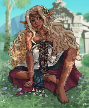 1girl blonde_hair blurry blurry_background body_markings commentary earrings elf english_commentary grass green_eyes highres jewelry nintendo pointy_ears sitting smile sonia_(zelda) strawbeeo the_legend_of_zelda the_legend_of_zelda:_tears_of_the_kingdom