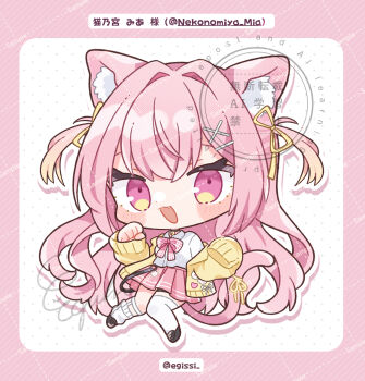 1girl :3 :d animal_ear_fluff animal_ears asymmetrical_legwear black_shoes blush_stickers bow bowtie cat_ears cat_girl cat_tail character_name chibi chibi_only collared_shirt commentary_request dot_nose egissi full_body hair_intakes highres indie_virtual_youtuber long_hair long_sleeves looking_at_viewer nekonomiya_mia open_mouth pink_bow pink_bowtie pink_eyes pink_hair pink_skirt plaid_bow plaid_bowtie plaid_clothes pleated_skirt sample_watermark shirt shoes sidelocks single_sock single_thighhigh skirt sleeves_past_fingers sleeves_past_wrists smile socks solo tail thighhighs twitter_username uneven_legwear very_long_hair virtual_youtuber watermark watermark_grid white_background white_shirt white_socks white_thighhighs