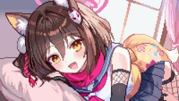 1girl :d animal_ear_fluff animal_ears blue_archive blue_sailor_collar blue_skirt blush braid brown_eyes brown_hair commentary fishnet_thighhighs fishnets fox_ears fox_girl fox_hair_ornament fox_tail hair_between_eyes halo izuna_(blue_archive) looking_at_viewer medium_hair miniskirt open_mouth pink_halo pink_scarf pixel_art pleated_skirt sailor_collar sailor_shirt scarf shirt skirt sleeveless sleeveless_shirt smile solo tail thighhighs tinia_etru white_shirt