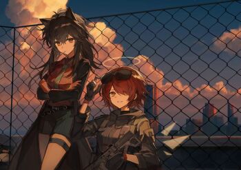 2girls animal_ears arknights black_coat black_gloves black_hair black_jacket black_shorts building chain-link_fence chinese_commentary coat commentary_request crisa940 crossed_arms day detached_wings evening exusiai_(arknights) eyes_visible_through_hair eyewear_on_head fence gloves green_necktie gun hair_between_eyes hair_over_one_eye halo highres holding holding_gun holding_weapon jacket kriss_vector long_hair long_sleeves mouth_hold multiple_girls necktie official_alternate_costume open_clothes open_coat orange_eyes orange_gloves orange_hair orange_shirt outdoors shirt short_hair shorts striped_clothes striped_shorts submachine_gun sunglasses texas_(arknights) texas_(willpower)_(arknights) thigh_strap traditional_halo vertical-striped_clothes vertical-striped_shorts weapon wings wolf_ears wolf_girl yellow_halo