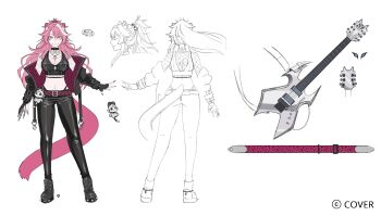 1girl animal_ears azuzatori black_boots black_collar black_gloves black_jacket black_pants boots breasts cleavage collar commentary copyright_name crop_top electric_guitar english_commentary fishnet_top fishnets full_body gloves guitar heart heart_necklace highleg highleg_panties highres hololive hololive_english instrument jacket jewelry large_breasts long_hair midriff mixed-language_commentary multicolored_hair multiple_views navel necklace official_art panther_ears panther_girl panther_tail panties pants panty_straps partially_fingerless_gloves pink_hair ponytail purple_jacket quilted_jacket raora_panthera sidelocks simple_background spiked_collar spikes streaked_hair tail two-sided_fabric two-sided_jacket underwear very_long_hair virtual_youtuber white_background white_streaks yellow_eyes