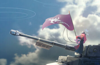 1girl armband blue_archive blue_sky boots cloud flag gehenna_academy_logo halo hat highres holding holding_flag iroha_(blue_archive) long_hair long_sleeves looking_at_viewer military_uniform military_vehicle motor_vehicle necktie norio_(norio386) on_tank peaked_cap red_armband red_hair red_necktie sky sleeves_past_wrists tank tank_turret tiger_i wide_shot