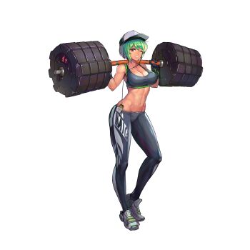 1girl abs barbell baseball_cap breasts cleavage dark-skinned_female dark_skin mp3_player earphones exercising female_focus full_body game_cg gloves green_hair grin hat highres large_breasts last_origin looking_at_viewer mighty_r muscular navel official_art one_eye_closed pants red_eyes shoes short_hair sima_(startwitch) skin_tight smile sneakers solo spandex sports_bra strong tachi-e tan toned transparent_background weightlifting weights yoga_pants