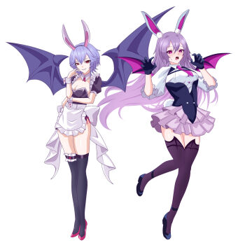 2girls alternate_costume animal_ear_hairband animal_ears apron back_bow bat_wings black_gloves black_leotard black_shoes black_thighhighs blue_hair blush bow breasts claw_pose cleavage collared_shirt commentary_request embarrassed fake_animal_ears frilled_thigh_strap full_body gloves grin hairband highres leg_up leotard long_hair long_sleeves looking_at_viewer merihari07 multiple_girls necktie open_mouth pink_eyes pink_necktie pink_skirt purple_hair rabbit_ears rabbit_girl rabbit_tail red_eyes red_shoes reisen_udongein_inaba remilia_scarlet shirt shoes skirt smile strapless strapless_leotard sweatdrop tail thigh_strap thighhighs touhou touhou_gensou_eclipse very_long_hair waist_apron white_apron white_background white_bow white_shirt wings wrist_cuffs