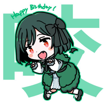1girl black_shoes claw_pose coat commentary dress fang full_body green_coat green_hair happy_birthday koufukuron_(love_live!) layered_sleeves long_sleeves love_live! love_live!_nijigasaki_high_school_idol_club mifune_shioriko open_clothes open_coat open_mouth red_eyes shinanoya_(satanicad) shoes short_over_long_sleeves short_sleeves solo symbol-only_commentary text_background translation_request white_dress