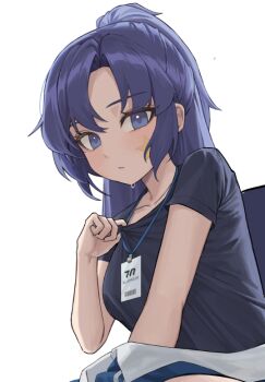 1girl bad_id bad_twitter_id blue_archive breasts closed_mouth collarbone id_card jacket jacket_partially_removed kongsi lanyard long_hair looking_at_viewer medium_breasts official_alternate_costume ponytail pulling_own_clothes purple_eyes purple_hair purple_shirt shirt short_sleeves simple_background sitting solo star_on_cheek sweatdrop t-shirt track_jacket white_background yuuka_(blue_archive) yuuka_(track)_(blue_archive)