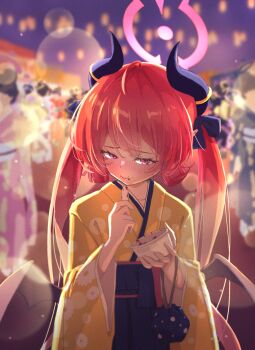1girl absurdres black_hakama black_horns blue_archive blurry blurry_background blush bokeh commentary crowd demon_horns demon_wings depth_of_field eating festival floral_print food food_on_face hakama hakama_skirt halo highres holding holding_food horns japanese_clothes junko_(blue_archive) junko_(new_year)_(blue_archive) kimono kinchaku long_hair long_sleeves low_wings matsumoto_yutaka night nose_blush official_alternate_costume open_mouth outdoors pouch red_eyes red_hair skirt solo_focus summer_festival twintails wide_sleeves wings yellow_kimono yukata