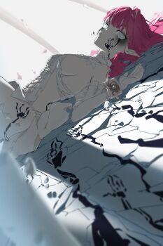 1girl absurdres baobhan_sith_(fate) baobhan_sith_(third_ascension)_(fate) bonsai_403 breasts cuffs dress expressionless fate/grand_order fate_(series) grey_eyes highres long_hair looking_at_viewer lying medium_breasts on_back pink_hair pointy_ears revealing_clothes shackles solo