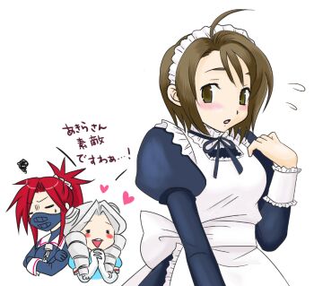 Rule 34 | 3girls, = =, ahoge, alternate costume, apron, blush, brown eyes, brown hair, commentary request, crossed arms, drill hair, closed eyes, gloves, grey hair, heart, zaki (justice gakuen), justice gakuen, kazama akira, kirishima yurika, maid, maid apron, maid headdress, mask, moero! justice gakuen, multiple girls, oo310410oo, open mouth, own hands clasped, own hands together, red hair, short hair, squiggle, street fighter, street fighter v, sweatdrop, teeth, translation request, white gloves