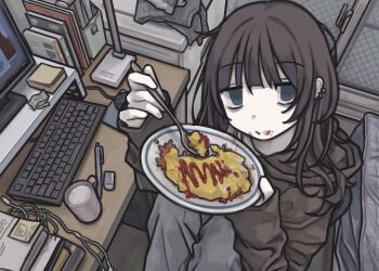 1girl absurdres bags_under_eyes black_hair black_hoodie blue_eyes chair computer computer_keyboard computer_mouse cup ear_piercing earbuds earphones eraser food food_on_face grey_pants gudon_udon highres holding holding_plate holding_spoon hood hood_down hoodie jitome ketchup mattress mechanical_pencil milk monitor mug no_pupils omelet omurice on_chair original pale_skin pants pencil piercing plate solo spoon sticky_note