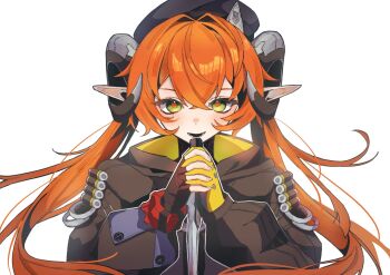 1girl asymmetrical_gloves beret black_gloves blush czc9q2 fingerless_gloves gloves green_eyes hair_between_eyes hair_intakes hat highres holding hood horns jacket knife light_blush long_hair looking_at_viewer mismatched_gloves orange_hair orange_pupils orphie_magnusson pointy_ears twintails upper_body white_background yellow_gloves zenless_zone_zero
