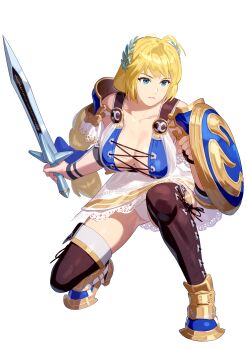 1girl absurdres armor armored_legwear blonde_hair blue_eyes boots braid breasts cleavage dress highres holding holding_shield holding_sword holding_weapon large_breasts laurel_crown long_hair panties shield shoulder_armor single_braid solo sophitia_alexandra soul_calibur squatting sword thigh_boots underwear weapon yagi2013