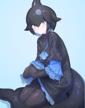 Rule 34 | 1girl, black dress, black hair, blue background, blue eyes, cetacean tail, commentary request, dress, fins, fish tail, gloves, head fins, highres, kemono friends, looking at viewer, lowlandgorilla, pantyhose, sailor dress, short-finned pilot whale (kemono friends), short hair, simple background, skirt, solo, tail, whale girl