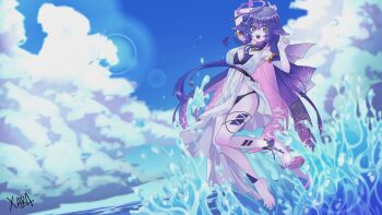 +_+ 1girl absurdres armlet barefoot bikini bikini_under_clothes blue_sky breasts bright_pupils cleavage cloud colored_skin commentary day dot_nose dress english_commentary full_body gold_armlet grey_skin halo highres indie_virtual_youtuber jewelry long_hair megalodon_(vtuber) necklace open_mouth outdoors pearl_necklace purple_bikini purple_eyes purple_hair sharp_teeth signature sky smile solo splashing swimsuit teeth toenails very_long_hair virtual_youtuber water white_dress white_pupils xarakura_xara