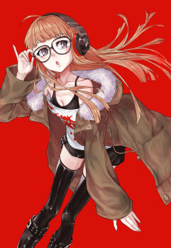 Rule 34 | 10s, 1girl, adjusting eyewear, ahoge, bad id, bad pixiv id, bare shoulders, black boots, black thighhighs, boots, breasts, cleavage, female focus, glasses, headphones, highres, jacket, lace-up boots, long hair, orange hair, persona, persona 5, sakura futaba, small breasts, solo, thighhighs, thighhighs under boots, yuuki higumo