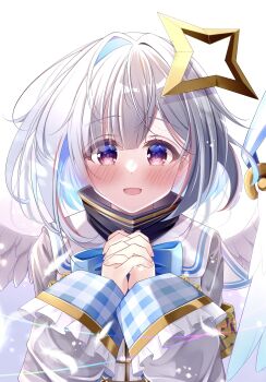 1girl absurdres amane_kanata amane_kanata_(1st_costume) angel angel_wings black_dress blue_hair blush dress grey_hair grey_jacket hair_intakes halo highres hololive jacket looking_at_viewer masanohe_(etoileair) own_hands_together pink_hair purple_eyes short_hair smile solo star_halo turtleneck turtleneck_dress virtual_youtuber white_background wings