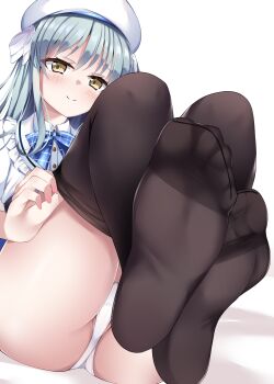 1girl absurdres blue_hair blush daitoshokan_no_hitsujikai feet foot_focus grey_hat hat highres light_blue_hair long_hair looking_at_viewer panties see-through_clothes see-through_legwear smile soles spread_toes toes underwear ureshino_sayumi yellow_eyes