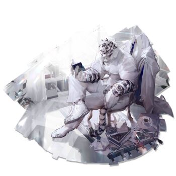 1boy alternate_costume animal_ears arknights bara book book_stack chair crossed_legs formal_clothes full_body furry furry_male highres holding holding_book indoors jacket large_hands large_pectorals male_focus mountain_(arknights) mountain_(book_reader)_(arknights) muscular muscular_male official_alternate_costume official_art on_chair open_book pants pectoral_cleavage pectorals reading scar scar_across_eye scar_on_arm scar_on_face shirt short_hair sitting sleeves_rolled_up solo suit tail thick_eyebrows tiger_boy tiger_ears tiger_stripes tiger_tail transparent_background unworn_jacket watch white_fur white_hair white_pants white_shirt white_suit wincalblanke wristwatch