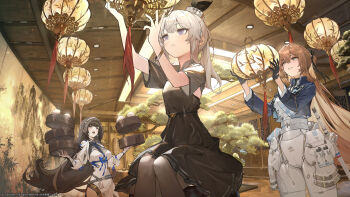 3girls black_dress black_hair bracelet cheyanne_(girls'_frontline_2) cheyanne_(maiden_debut)_(girls'_frontline_2) chinese_commentary commentary_request daiyan_(girls'_frontline_2) dress earrings food girls'_frontline girls'_frontline_2:_exilium highres jewelry lantern m200_(girls'_frontline) multiple_girls new_year official_art open_mouth pine_tree purple_eyes springfield_(girls'_frontline) springfield_(girls'_frontline_2) steamed_bun tree type_95_(girls'_frontline)