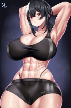1girl absurdres arcedo armpits arms_behind_head arms_up breasts cleavage curvy female_focus grace_howard highres huge_breasts large_breasts medium_hair muscular muscular_female ponytail red_eyes skindentation solo sweat thick_thighs thighs thong wide_hips zenless_zone_zero