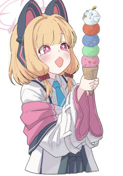 +_+ 1girl alpaca_(alpaca00011) animal_ear_headphones animal_ears blonde_hair blue_archive blue_necktie blunt_bangs blush bow cat_ear_headphones cat_ears chestnut_mouth fake_animal_ears food hair_bow halo happy headphones highres holding holding_food holding_ice_cream ice_cream jacket long_sleeves looking_up low-tied_sidelocks momoi_(blue_archive) necktie open_mouth pink_halo red_eyes shirt short_hair sidelocks solo white_background white_shirt wide_sleeves
