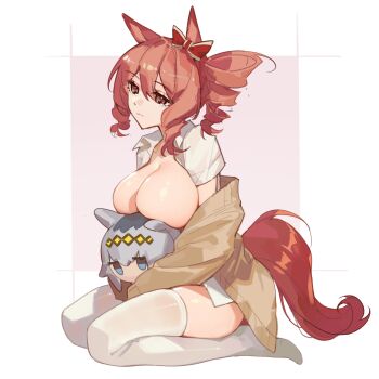 2girls animal_ears bad_link baobao771100 bow breast_press breasts brown_cardigan brown_hair cardigan character_doll doll drill_hair ear_bow full_body highres horse_ears horse_girl horse_tail large_breasts multiple_girls no_bra norn_ace_(umamusume) oguri_cap_(umamusume) pink_background red_bow shirt sitting solo tail thighhighs thighs two-tone_background umamusume umamusume:_cinderella_gray wariza white_background white_shirt white_thighhighs