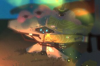 :> arknights arknights:_endfield closed_mouth commentary english_text grass light_particles no_humans non-humanoid_robot robot smile solo sparkle spindrift symbol-only_commentary tata_(arknights)