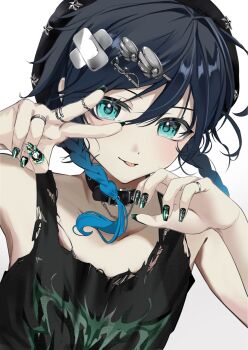 Rule 34 | 1boy, aqua eyes, aqua hair, black hair, black hat, black tank top, braid, commentary request, genshin impact, gradient hair, green nails, hair ornament, hat, highres, jewelry, long hair, male focus, multicolored hair, ring, sahi00000, smile, solo, tank top, tongue, tongue out, torn clothes, torn tank top, twin braids, v, venti (genshin impact)