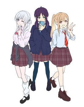 Rule 34 | 3girls, alternate costume, alternate hairstyle, amesuku gyaru, black thighhighs, blonde hair, blue cardigan, blue eyes, brown eyes, brown shoes, brown skirt, cardigan, cardigan around waist, cho kaguya-hime!, clothes around waist, collared shirt, full body, green eyes, grin, gyaru, hand in pocket, highres, holding, holding phone, ini yoy, kaguya (cho kaguya-hime!), kogal, loafers, long hair, long sleeves, looking at viewer, low twintails, miniskirt, multiple girls, necktie, one eye closed, phone, plaid clothes, plaid skirt, pleated skirt, ponytail, purple hair, red necktie, runami yachiyo, sakayori iroha, shirt, shoes, skirt, smile, socks, standing, standing on one leg, thighhighs, twintails, v, white background, white shirt, white socks