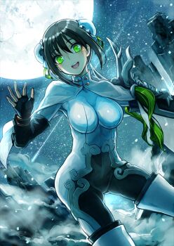 1girl :d armor armored_gloves bangle black_gloves black_hair bodysuit bracelet breasts bun_cover capelet chinese_clothes cleavage covered_groin cowboy_shot double_bun dutch_angle elbow_gloves fate/grand_order fate_(series) fingerless_gloves full_moon game_cg gloves gluteal_fold green_eyes hair_between_eyes hair_bun hand_up high_collar impossible_bodysuit impossible_clothes jewelry legs_apart looking_at_viewer medium_breasts moon night night_sky official_art open_mouth outstretched_arm qin_liangyu_(fate) shimadoriru short_hair shoulder_armor sidelocks sky smile solo standing teeth thighhighs third-party_source upper_teeth_only white_bodysuit white_capelet white_thighhighs
