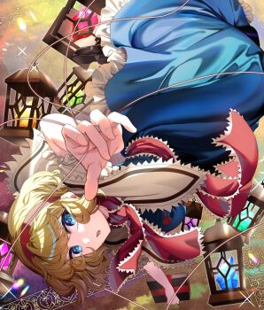 1girl alice_margatroid blonde_hair blue_dress blue_eyes book collar crystal dress frilled_collar frilled_dress frilled_ribbon frills grimoire_of_alice hairband highres holding holding_book ishikawa_sparerib lamp looking_at_viewer neck_ribbon parted_lips puppet_strings reaching reaching_towards_viewer red_hairband red_ribbon ribbon short_hair short_sleeves solo touhou upskirt white_collar white_sleeves yellow_background
