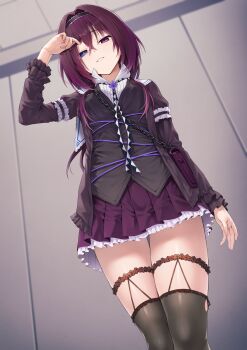 1girl absurdres bag black_hairband black_jacket black_thighhighs black_vest blue_eyes breasts commentary_request commission frilled_jacket frilled_shirt frilled_skirt frills from_below hair_intakes hairband hand_up henria heterochromia highres jacket looking_at_viewer medium_breasts medium_hair open_clothes open_jacket original purple_eyes purple_hair purple_skirt shirt shoulder_bag skeb_commission skirt solo standing thighhighs thighs vest white_shirt