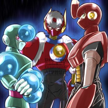 Rule 34 | 3boys, armor, character name, cowboy shot, crystal man, green eyes, group picture, helmet, highres, magnet man, male focus, mega man (classic), mega man (series), metal man, multiple boys, red armor, red helmet, tunabeer
