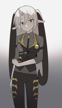 1girl animal_ears black_eyes black_pants black_vest breasts chinese_commentary closed_mouth collared_shirt commentary_request cowboy_shot folded_wings frown gradient_background grey_shirt hair_between_eyes hand_on_own_arm ikunsleep medium_breasts original pants sheep_ears shirt short_hair simple_background sleeves_rolled_up solo vest white_hair white_wings wings