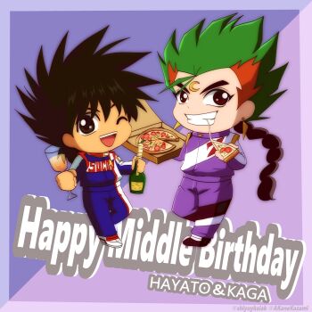 akane_kazami black_hair bleed_kaga blush bottle breasts brown_hair chibi couple cup drinking_glass food future_gpx_cyber_formula hetero kazami_hayato large_breasts long_hair pilot pizza racer shota smile spiked_hair wine_bottle wine_glass