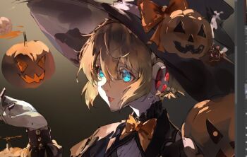 1girl aigis_(persona) android art_program_in_frame black_hat black_shirt blonde_hair blue_eyes bow brown_background commentary gradient_background hair_between_eyes halloween halloween_costume hand_up hat hat_bow jack-o&#039;-lantern jack-o&#039;-lantern_hat_ornament large_hat looking_at_object neo_(blazykun) orange_bow parted_lips persona persona_3 portrait puffy_sleeves robot_ears shirt short_hair solo symbol-only_commentary unfinished witch_hat