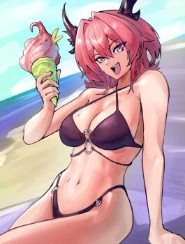 1girl :d absurdres arknights arknights:_endfield beach bikini black_bikini breasts cleavage collarbone food highres holding holding_food holding_ice_cream ice_cream laevatain_(arknights) looking_at_viewer medium_breasts navel o-ring o-ring_bikini o-ring_top ocean open_mouth outdoors purple_eyes red_hair sitting smile solo summer surtr_(arknights) swimsuit yodogama