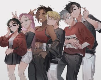 3boys 3girls \m/ alien_stage black_eyes black_hair black_sweater blonde_hair brown_hair camisole closed_eyes colored_eyelashes commentary crop_top dark-skinned_female dark_skin english_commentary fang fang_out finger_heart grey_eyes grey_hair hair_bun hood hoodie hyuna_(alien_stage) ivan_(alien_stage) kuradrawings long_hair luka_(alien_stage) mizi_(alien_stage) multiple_boys multiple_girls one_eye_closed pink_hair purple_eyes red_camisole red_hoodie red_pupils red_shirt shirt short_hair sua_(alien_stage) sweater till_(alien_stage) v very_long_hair white_shirt yellow_eyes