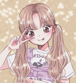 1girl :p aespa blonde_hair brown_eyes commentary crop_top eyelashes fake_nails hashtag-only_commentary k-pop makeup mascara parted_bangs real_life short_sleeves smile solo sparkle symbol-only_commentary tongue tongue_out twintails twitter_username upper_body v winter_(aespa) yes_kuravanilla