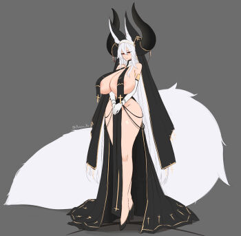 1girl animal_ears baphomet_(mythology) black_background black_dress black_shoes black_veil breast_curtains breasts cleavage closed_mouth commentary dress english_commentary expressionless fox_ears fox_girl fox_tail full_body groin hair_between_eyes high_heels highres huge_breasts krass large_horns large_tail long_hair looking_at_viewer no_panties original red_eyes shoes simple_background solo stiletto_heels tail veil very_long_hair white_hair