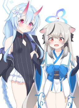 2girls :d animal_ears bare_shoulders black_bow black_bridal_gauntlets black_dress black_hair black_jacket blue_archive blue_bow blue_hair blue_halo blunt_bangs blush bow braid breasts bridal_gauntlets center-flap_bangs china_dress chinese_clothes chise_(blue_archive) chise_(blue_archive)_(cosplay) clenched_hands closed_mouth clothing_cutout commentary_request cosplay costume_switch cowboy_shot demon_girl demon_horns detached_sleeves diamond_cutout dress fan_request flower grey_hair hair_between_eyes hair_bow hair_flower hair_ornament half_updo halo hands_up height_difference highres horns jacket japanese_clothes kimono kokona_(blue_archive) kokona_(blue_archive)_(cosplay) long_hair long_sleeves looking_at_another looking_down low_twintails multicolored_hair multiple_girls open_clothes open_jacket open_mouth orange_eyes red_eyes sidelocks simple_background single_bare_shoulder sleeveless sleeveless_dress small_breasts smile split_mouth straight_hair streaked_hair striped_clothes striped_dress tareme tiger_ears tiger_girl twin_braids twintails vertical-striped_clothes vertical-striped_dress very_long_hair white_background white_flower white_kimono wide_sleeves yamichi_(yamichi8369)