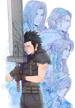 1girl 4boys aerith_gainsborough angeal_hewley armor belt belt_buckle black_hair black_sweater brown_gloves buckle buster_sword closed_eyes closed_mouth commentary cowboy_shot crisis_core:_final_fantasy_vii cross_scar crylin6 drill_hair drill_sidelocks english_commentary facial_scar final_fantasy final_fantasy_vii genesis_rhapsodos gloves highres holding holding_sword holding_weapon long_hair multiple_belts multiple_boys parted_bangs ribbed_sweater scar scar_on_cheek scar_on_face sephiroth short_hair shoulder_armor sidelocks sleeveless sleeveless_turtleneck spiked_hair suspenders sweater sword turtleneck turtleneck_sweater upper_body weapon zack_fair