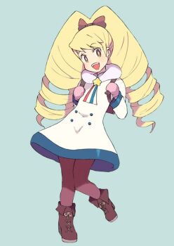 1girl blonde_hair blue_background boots bow brown_boots dress drill_hair gloves hair_bow long_hair looking_at_viewer luna_platz_(mega_man) mega_man_(series) mega_man_star_force_(series) miyata_(lhr) open_mouth pink_gloves simple_background smile twin_drills very_long_hair