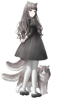 1girl animal_ears arms_behind_back black_dress black_shoes blunt_bangs cat cat_ears cat_girl cat_tail closed_mouth commentary contrast_collar dress from_behind full_body grey_eyes grey_hair highres holding_own_wrist juliet_sleeves loafers long_hair long_sleeves looking_at_viewer looking_back original pantyhose puffy_sleeves ryu_(denkiryu) shoes simple_background smile solo standing symbol-only_commentary tail wavy_hair white_background white_pantyhose