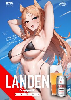 1girl absurdres alcohol alternate_breast_size_(larger) alternate_costume animal_ears archetto_(arknights) arknights armpits arms_behind_head arms_up beer beer_can bikini black_bikini blue_eyes blue_sky blush breasts can cup day drink_can english_text fang heterochromia highleg highleg_bikini highres large_breasts long_hair looking_at_viewer nitro_(mugityaoisii) open_mouth orange_hair outdoors red_eyes skin_fang skindentation sky solo stomach swimsuit tail very_long_hair