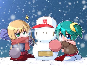 Rule 34 | 2girls, asouuuu, baseball cap, blonde hair, blue coat, blue eyes, brown coat, coat, commentary request, gloves, green eyes, green hair, grey gloves, hair ornament, hair scrunchie, hat, holding, holding shovel, jikkyou powerful pro yakyuu, jikkyou powerful pro yakyuu (style), kawata yurari, multicolored hat, multiple girls, nanashima asami, night, no mouth, one side up, outdoors, pink gloves, pink scarf, power pro-kun pocket 13, power pro-kun pocket, rayman limbs, red hat, red scarf, red skirt, scarf, scrunchie, shovel, skirt, snow, snowing, snowman, sparkle, white hat, winter clothes, winter coat, yellow scrunchie