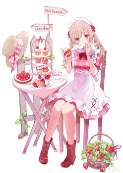 Rule 34 | 1girl, :o, apron, basket, boots, bow, bowtie, commentary request, cup, dress, flower, food, fruit, hat, highres, holding, holding food, irono1910, leaf, muffin, open mouth, original, pancake, plaid clothes, plaid dress, red bow, red bowtie, red dress, revision, simple background, sitting, solo, strawberry, sweets, tea, teacup, twintails, unworn hat, unworn headwear, white apron, white background