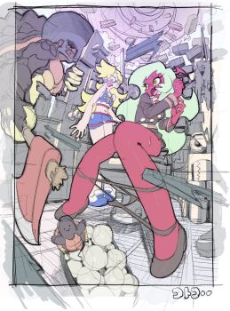 1boy 2girls african_clothes axe baby_animal blonde_hair colored_skin cotogochan egg garterbelt_(psg) green_hair highres holding holding_axe multiple_girls on_toilet panties panties_around_ankles panty_&amp;_stocking_with_garterbelt panty_(psg) panty_pull paper_roll red_skin scanty_(psg) scared tennis toilet_paper turtle underwear